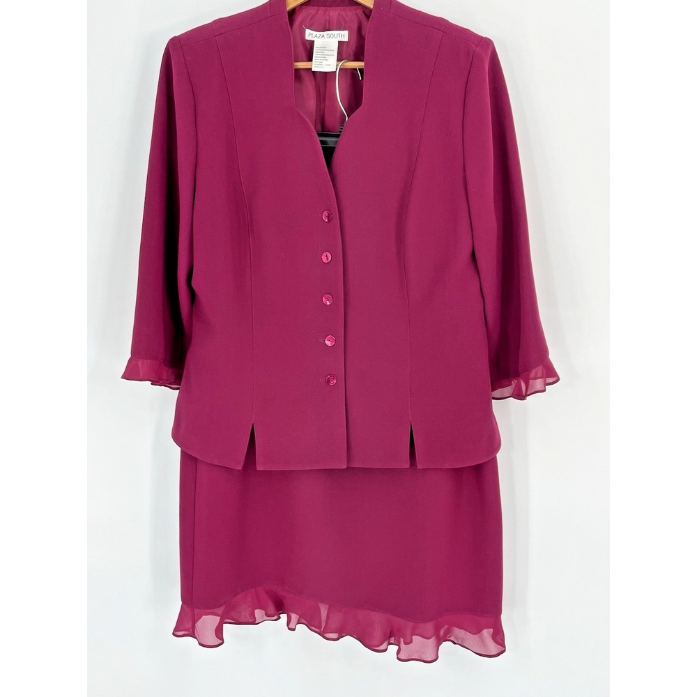 Plaza South Womens 12 2PC Church Long Skirt Blazer Suit Set‎ Magenta Ruffled Hem